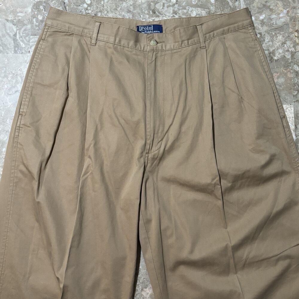 Polo Ralph Pants Mens 35x36 (fits 34x30) Brown Khaki Pleated Chino Cotton Twill